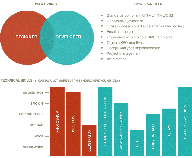 Infographic - Bermon Painter is a hybrid Web Designer and Web Developer with skills in HTML, CSS, jQuery, Photoshop, Ruby on Rails, PHP, GIT and Google Analytics